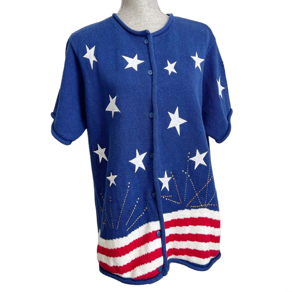 Quacker Factory Patriotic American Flag Cardigan Sweater USA Top Vintage Large